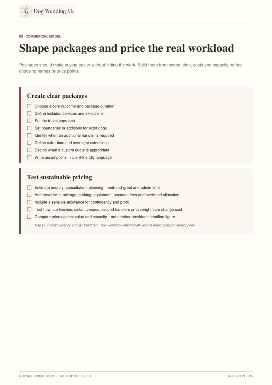 Packages and pricing checklist page preview