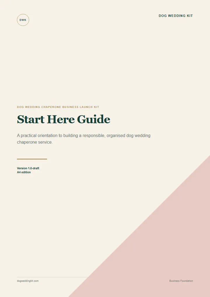 Start Here Guide cover from the Dog Wedding Chaperone Business Launch Kit