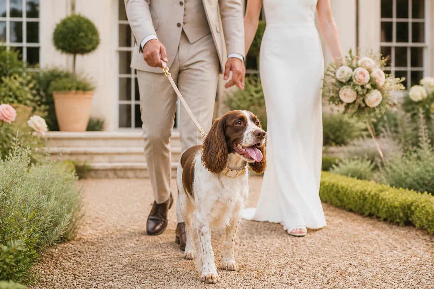 Couple walking with their spaniel at an elegant wedding venue