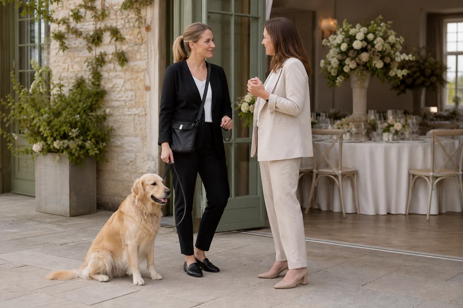Dog wedding chaperone meeting a wedding planner at an elegant venue