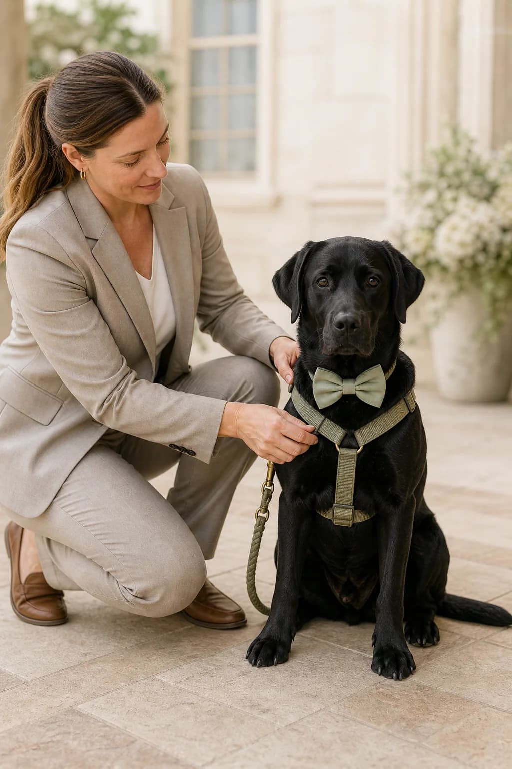 Dog wedding chaperone calmly checking a black Labrador’s harness before an event