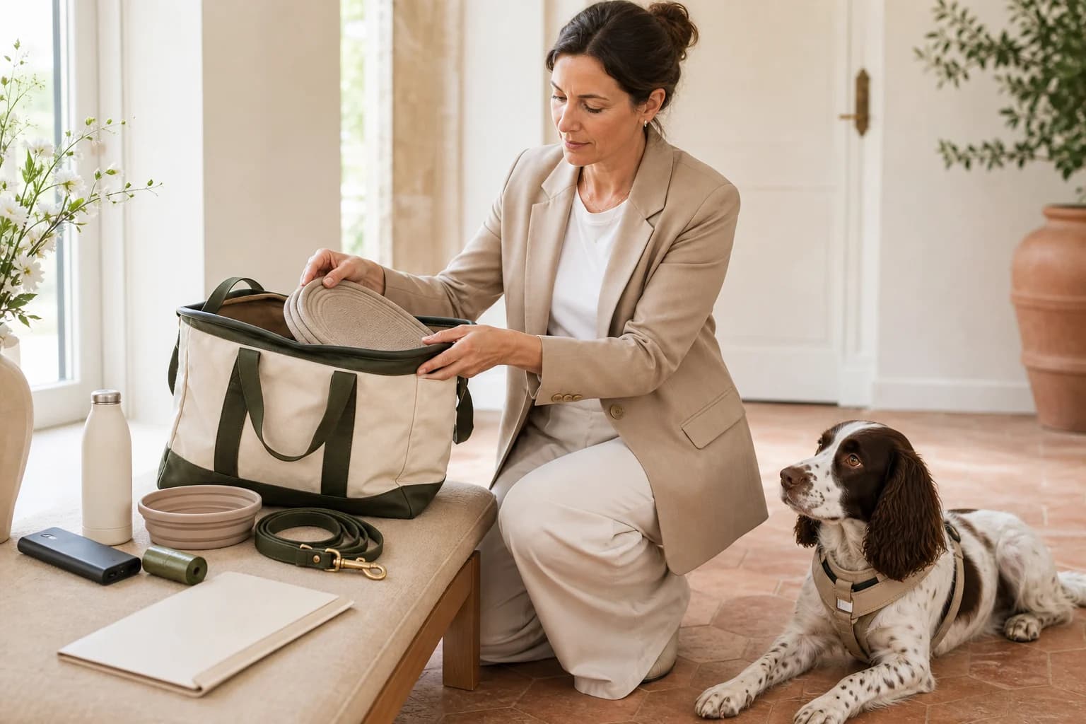 Dog wedding chaperone preparing an organised wedding-day bag beside a spaniel