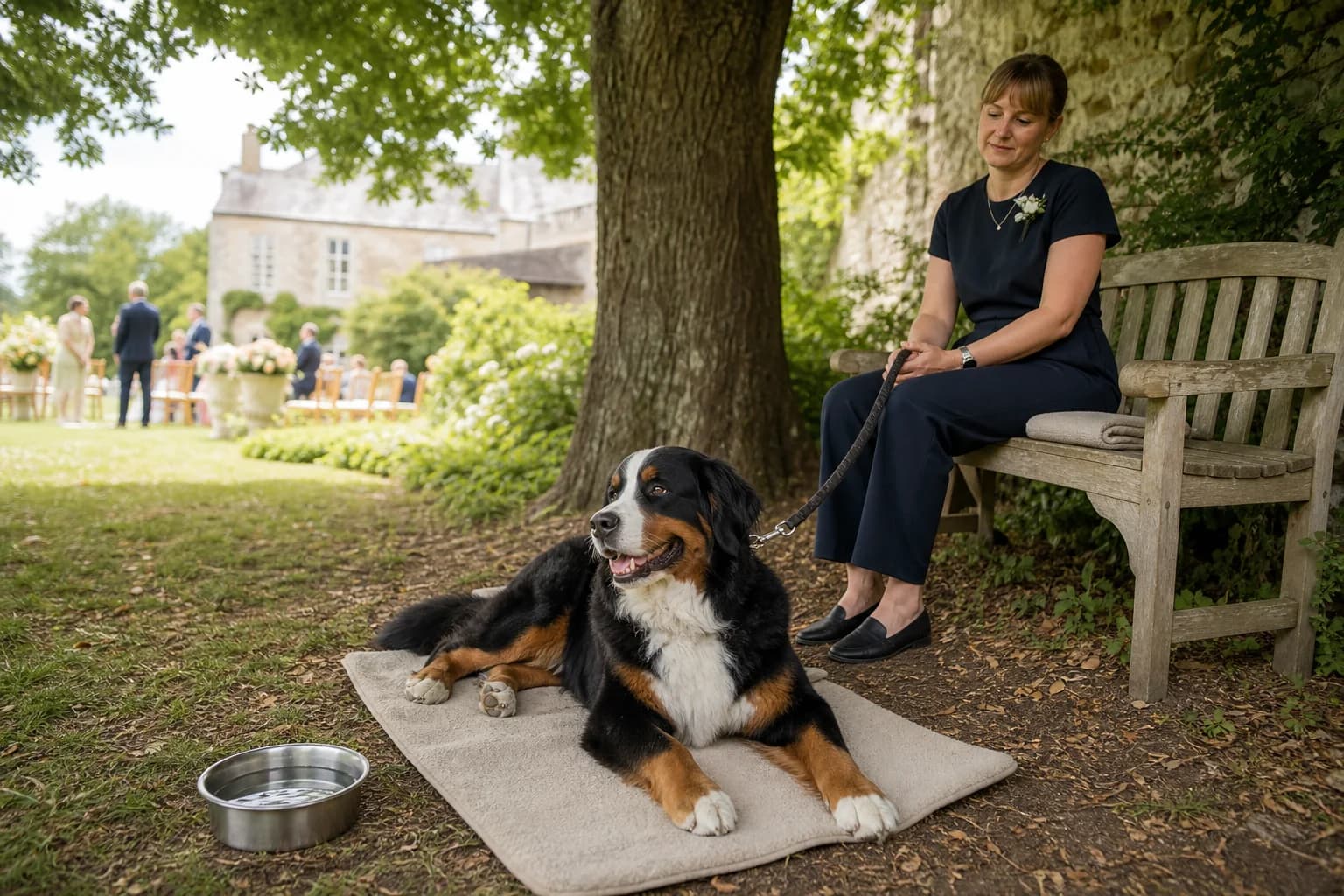 Bernese Mountain Dog resting with a chaperone in a shaded area at a wedding venue
