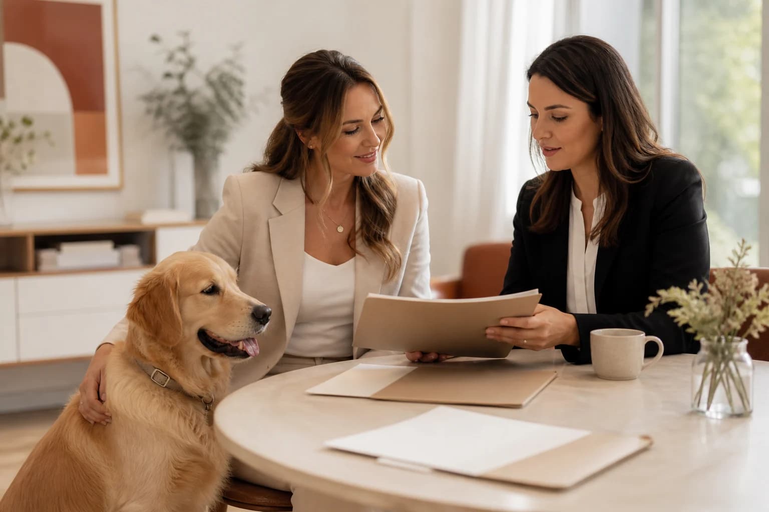 Dog wedding chaperone reviewing business documents with an adviser while a golden retriever rests beside them