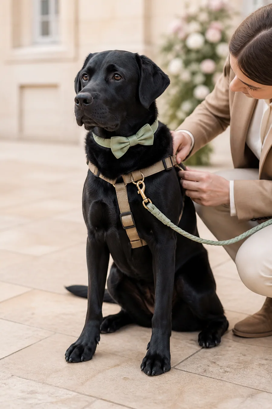 Dog wedding chaperone checking a black Labrador’s harness at a venue