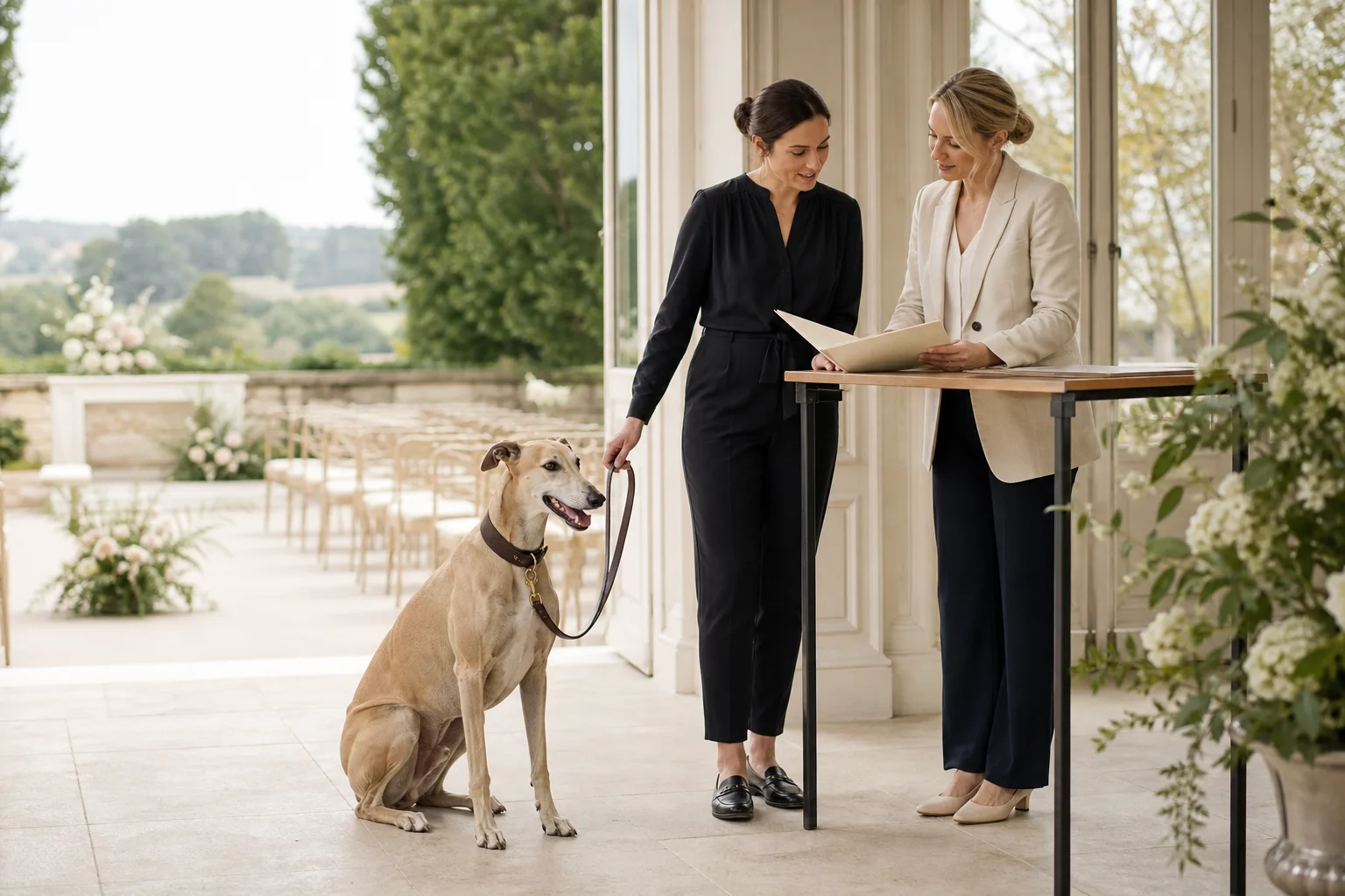 Dog wedding chaperone and planner reviewing a service package beside a greyhound
