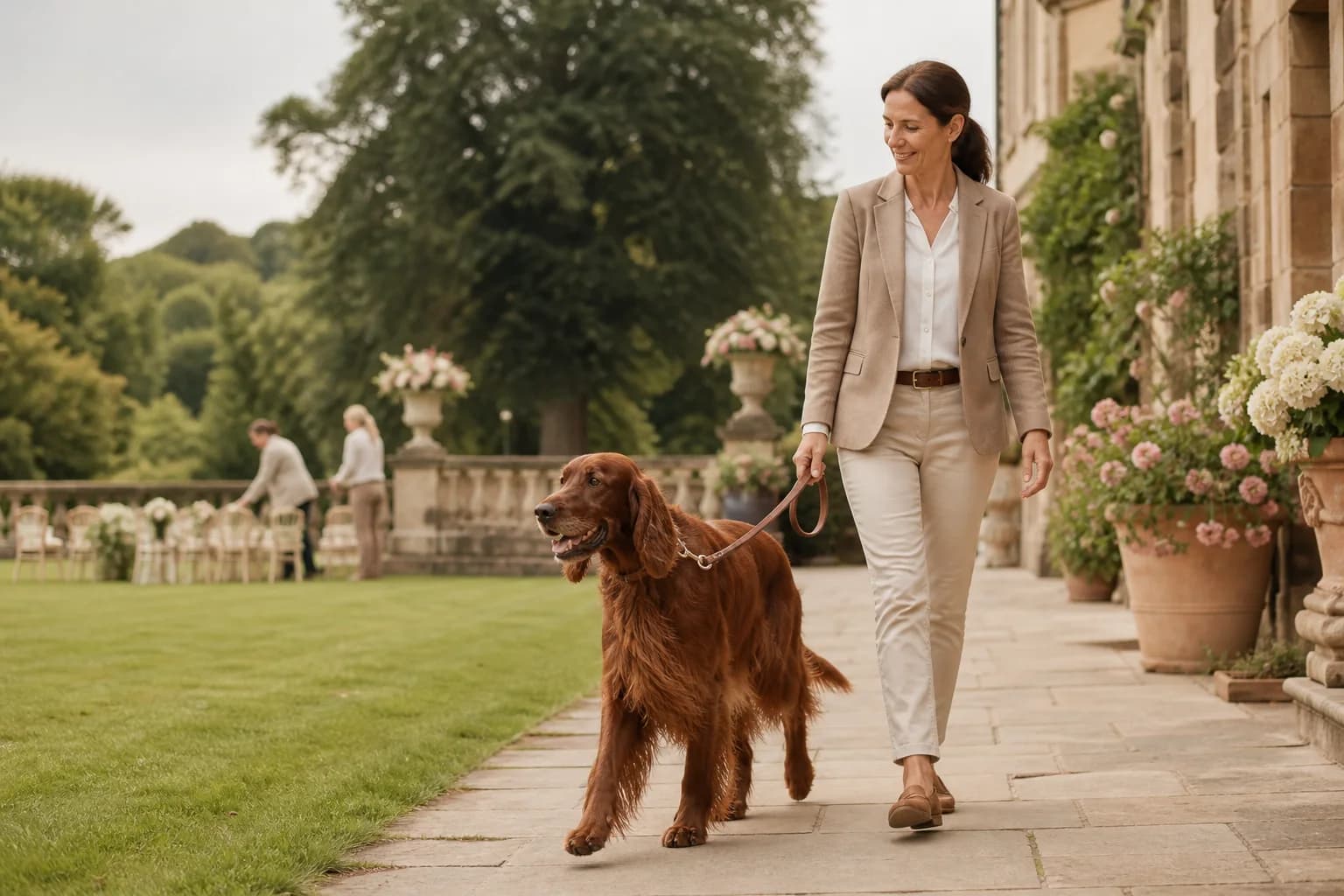 Professional dog wedding chaperone walking an Irish Setter at a country wedding venue