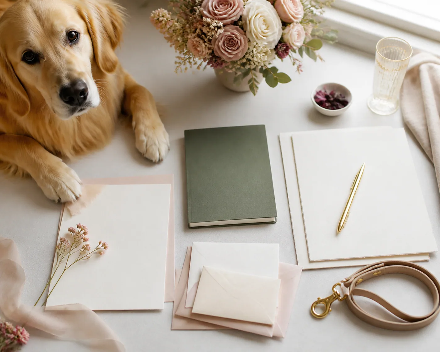 Golden dog beside elegant wedding service planning materials