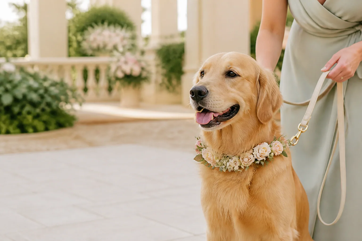 Golden retriever wearing a floral collar beside a dog wedding chaperone