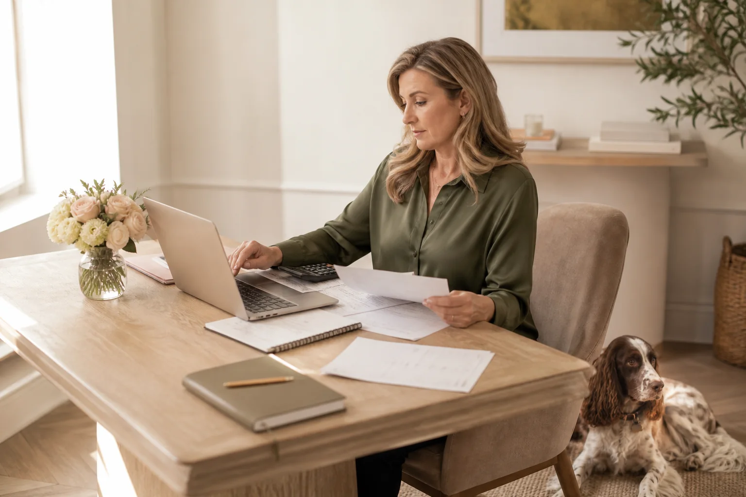 Pet-care business owner reviewing service pricing with a spaniel beside her desk
